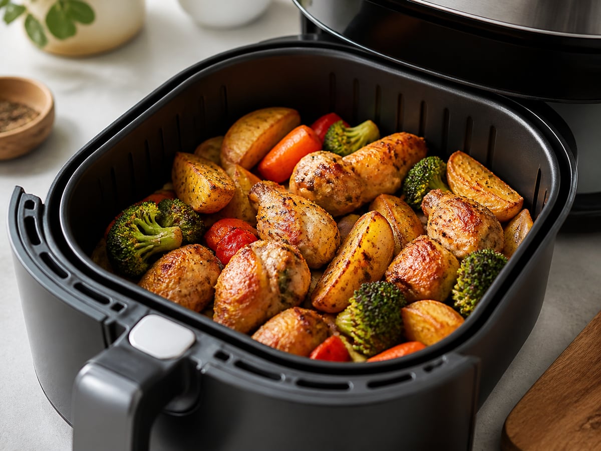 Cesto de air fryer com alimento crocante pronto