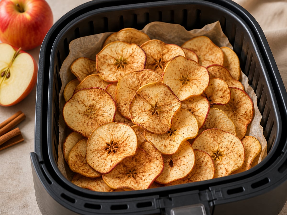 Air fryer basket with cooked apple chips