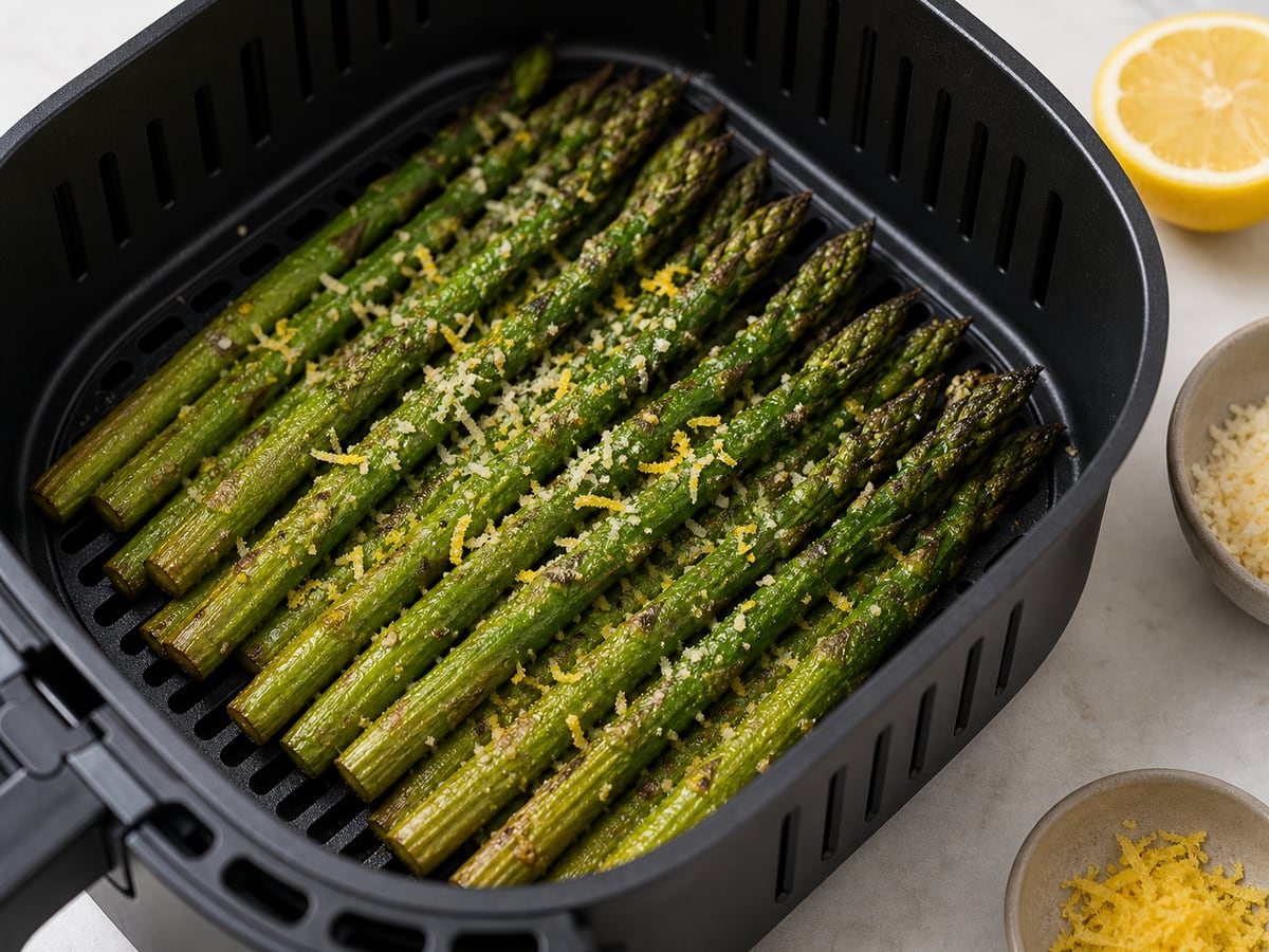 Air fryer basket with cooked asparagus