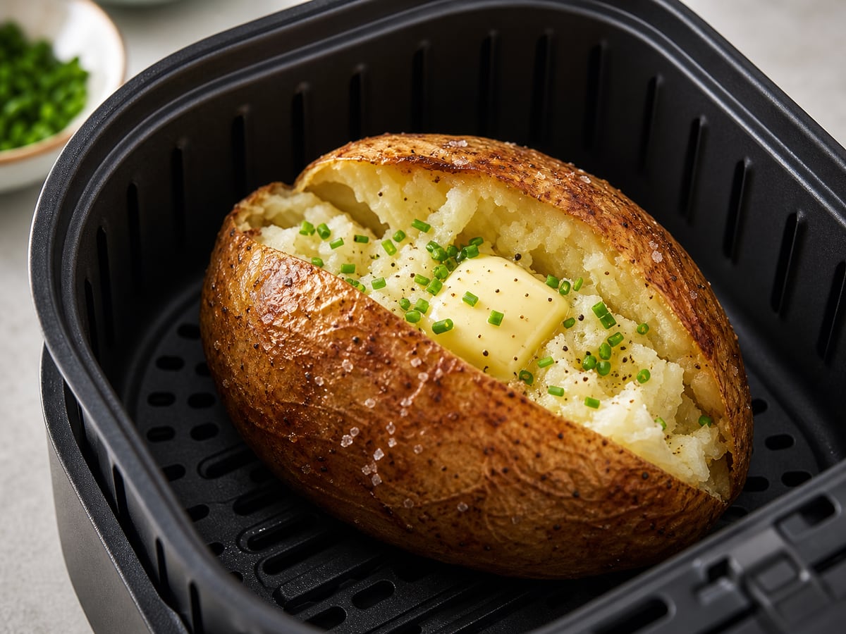 Air fryer basket with cooked baked potato