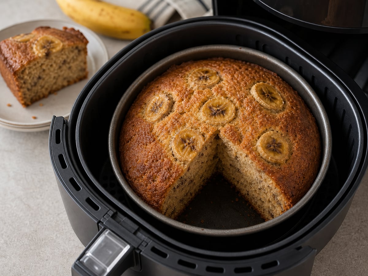 Cesto de air fryer com bolo de banana pronto para servir