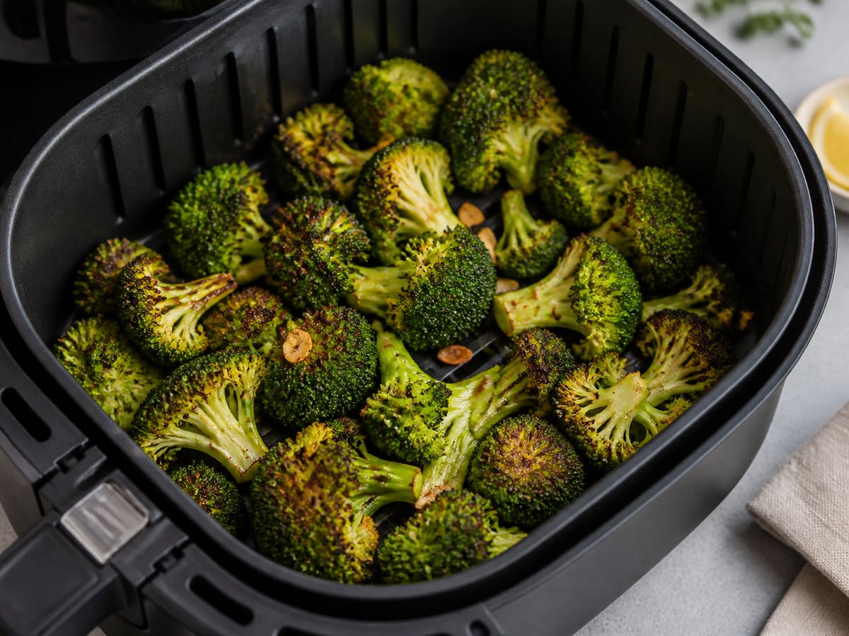 Air fryer basket with cooked broccoli