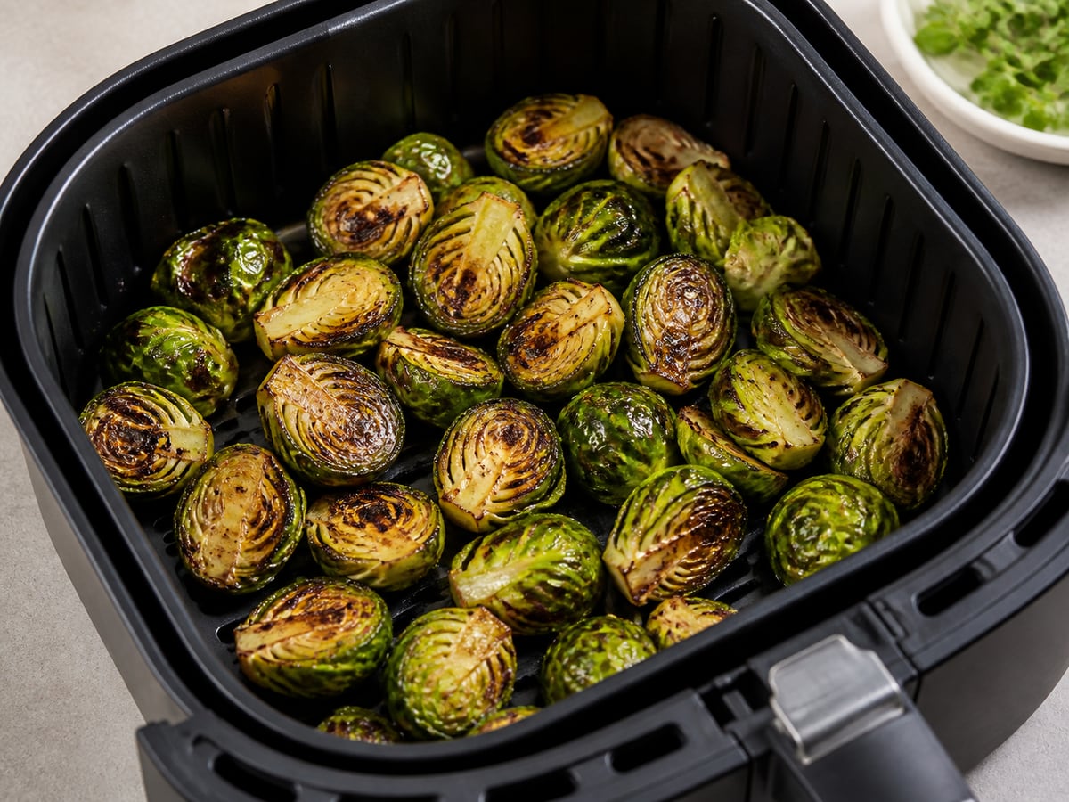 Air fryer basket with cooked brussels sprouts