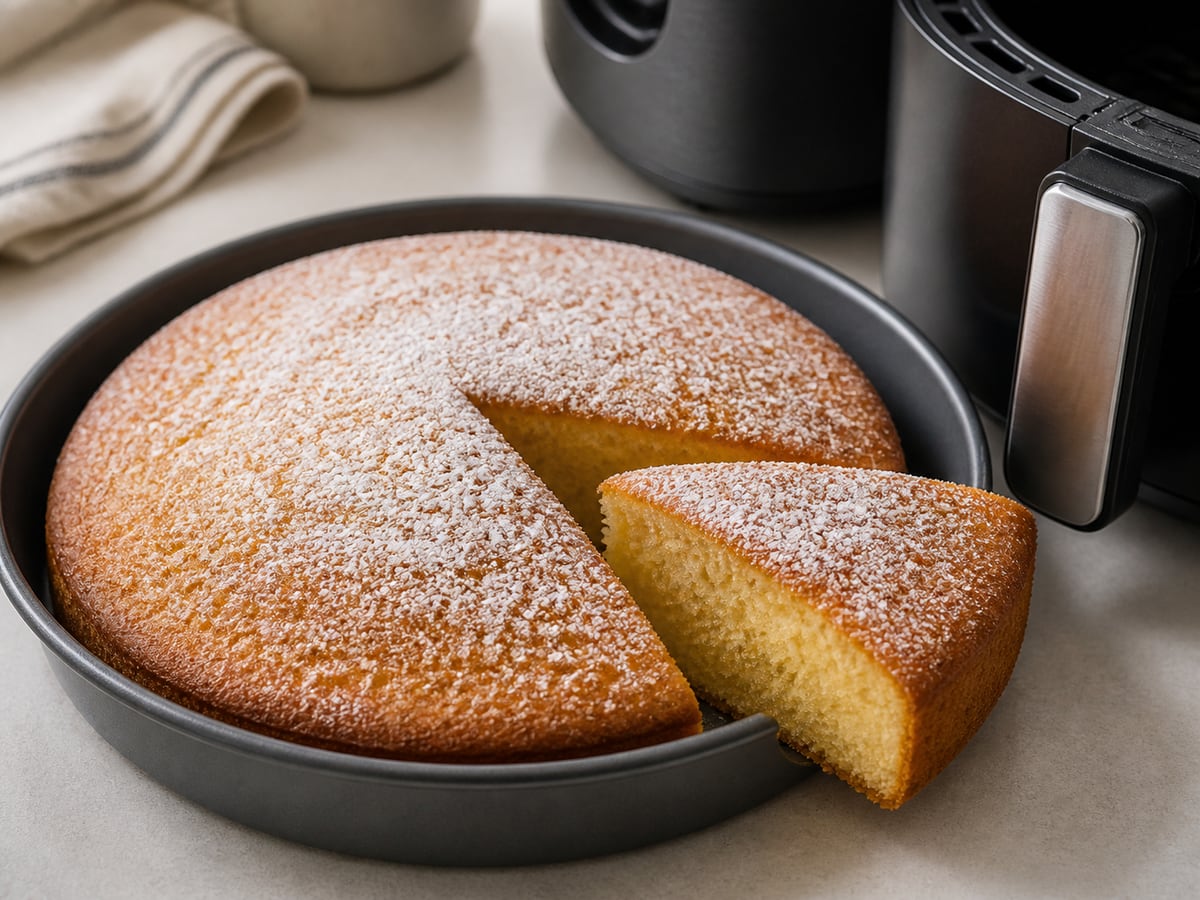 Cesto de air fryer com bolo pronto para servir