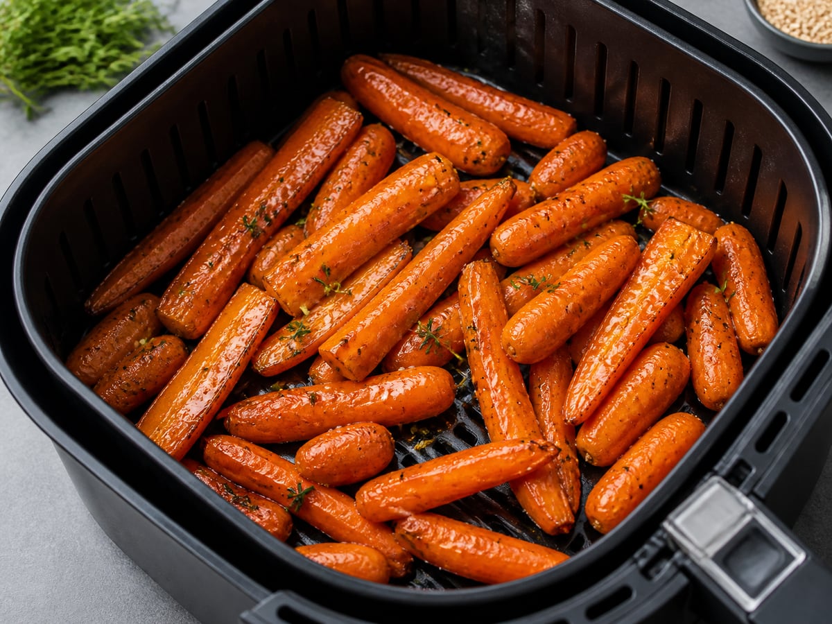 Air fryer basket with cooked carrots