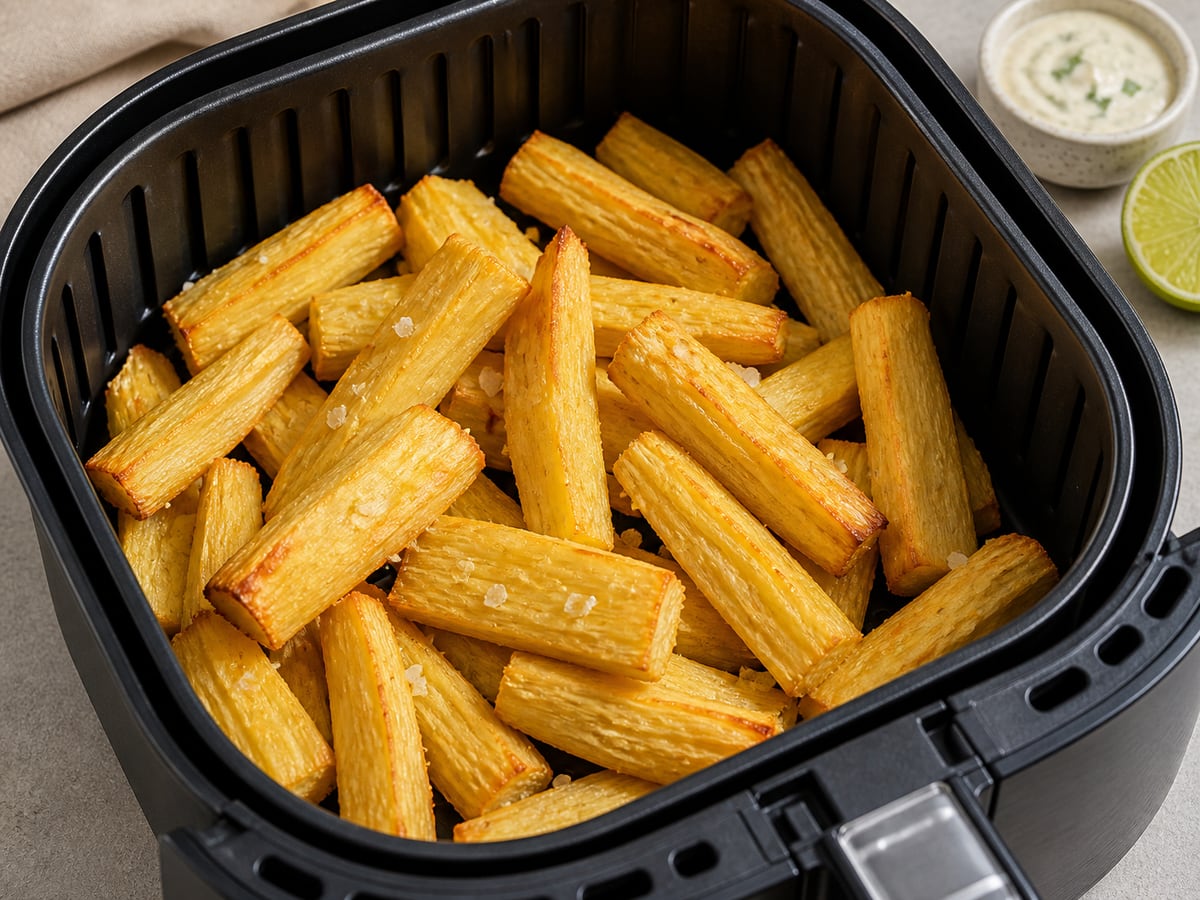 Cesto de air fryer com mandioca pronto para servir