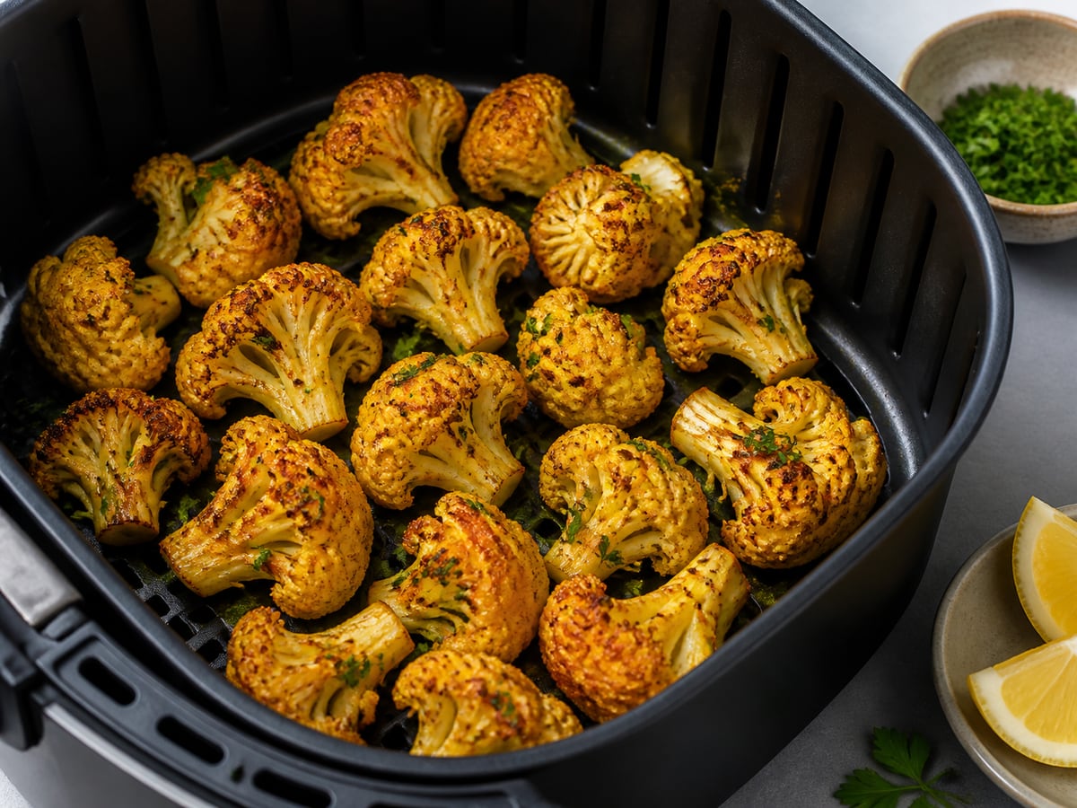 Air fryer basket with cooked cauliflower