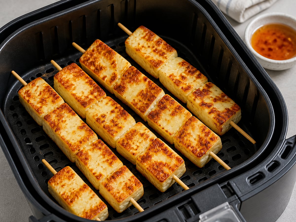 Cesto de air fryer com queijo coalho pronto para servir