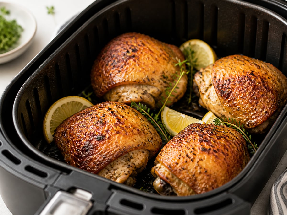 Cesto de air fryer com coxa de frango pronto para servir