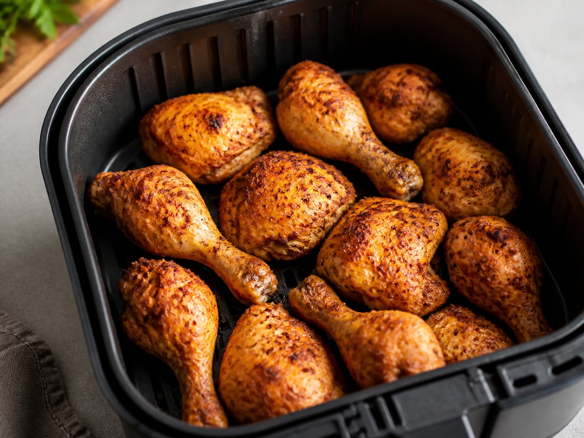 Cesto de air fryer com frango pronto para servir