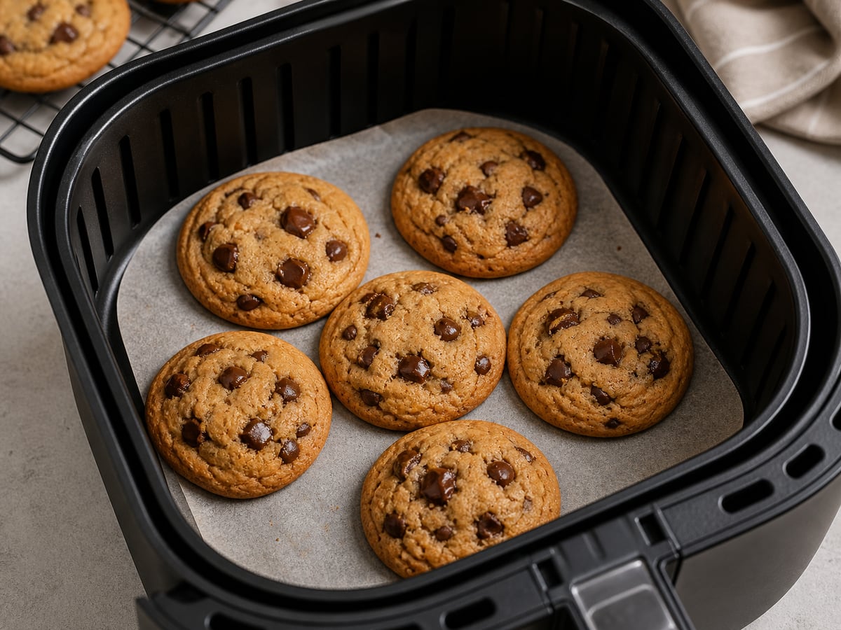 Air fryer basket with cooked cookies