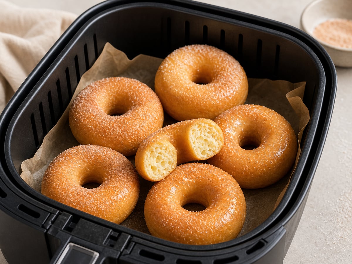 Air fryer basket with cooked donuts