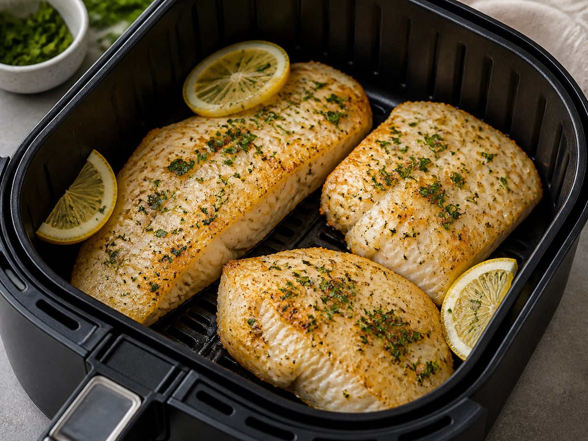 Cesto de air fryer com peixe pronto para servir