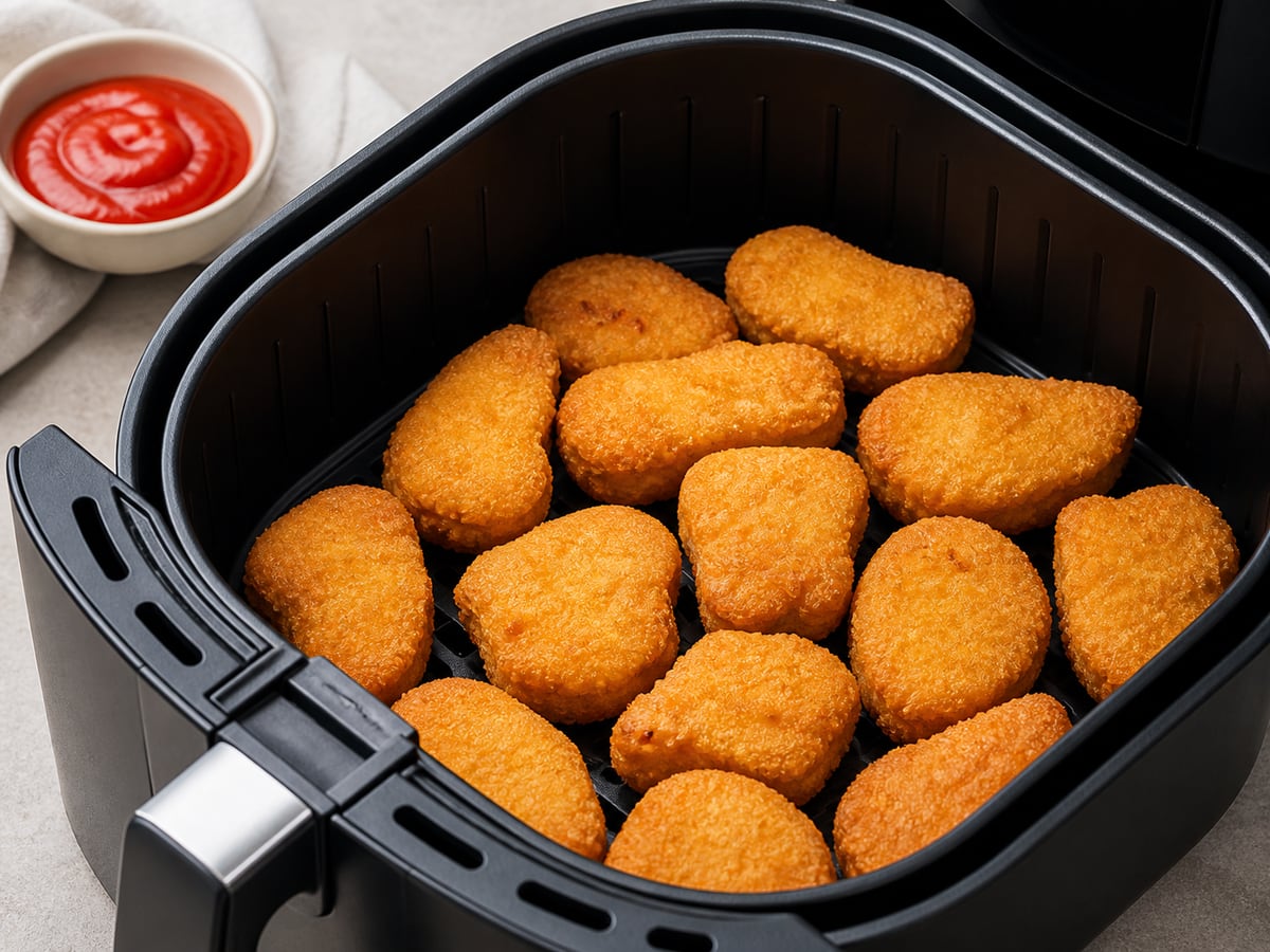 Cesto de air fryer com nuggets pronto para servir