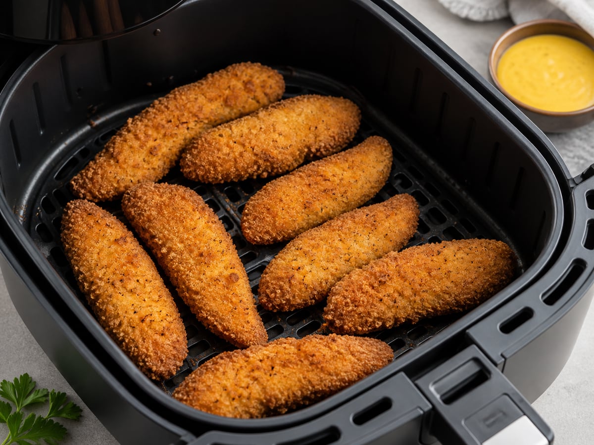 Air fryer basket with cooked frozen chicken tenders