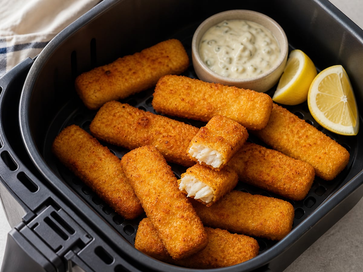 Air fryer basket with cooked frozen fish sticks