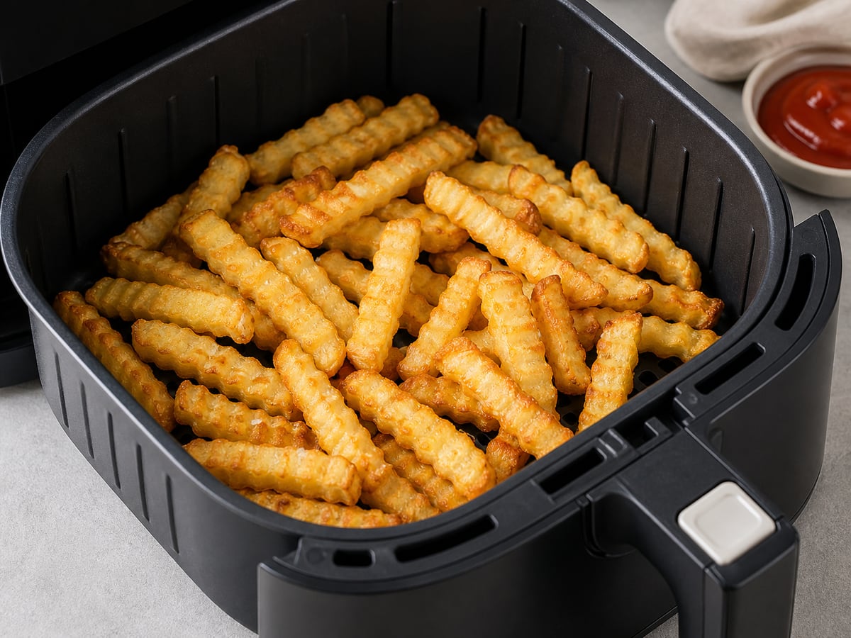 Air fryer basket with cooked frozen fries