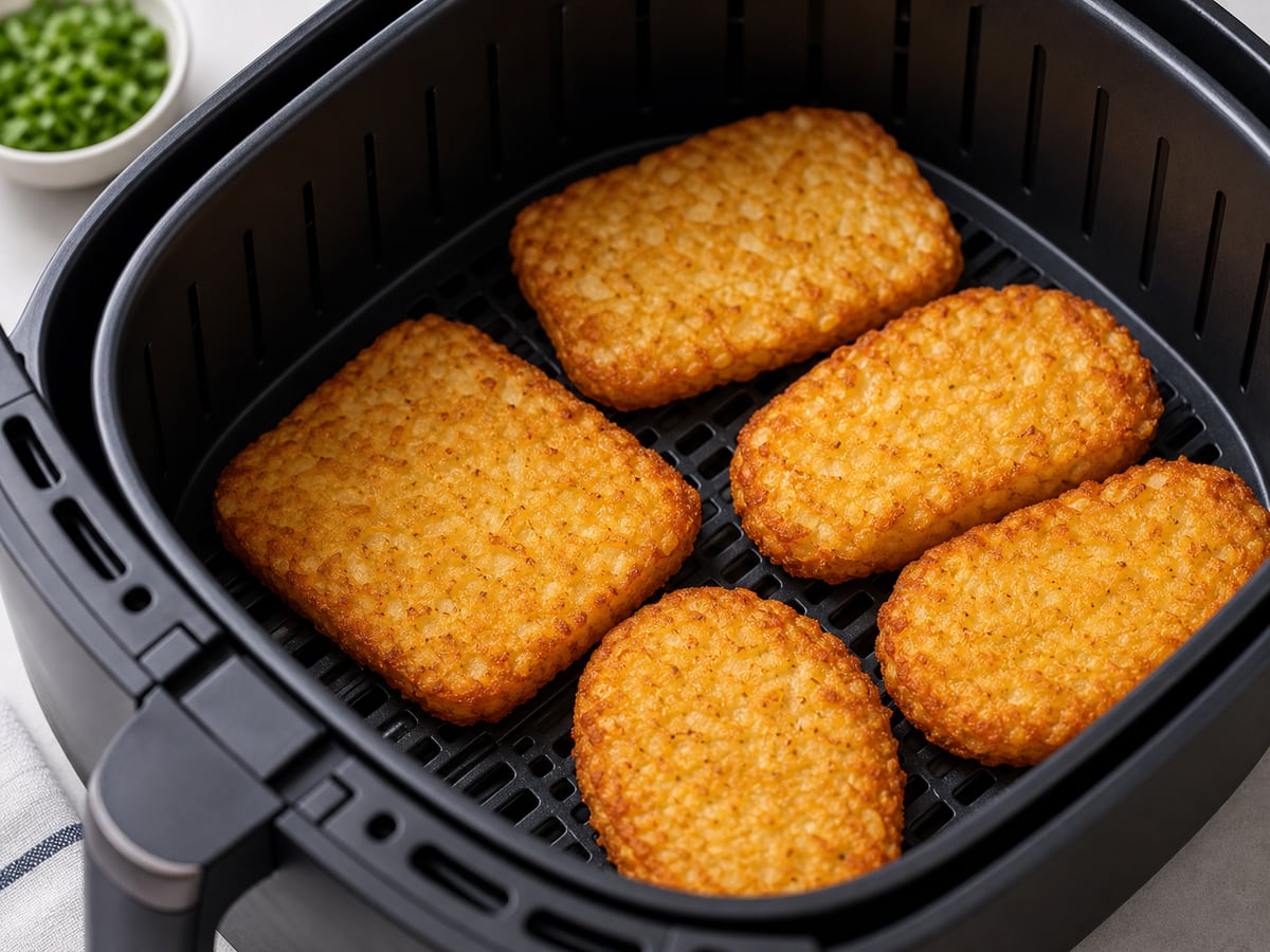 Air fryer basket with cooked frozen hash browns