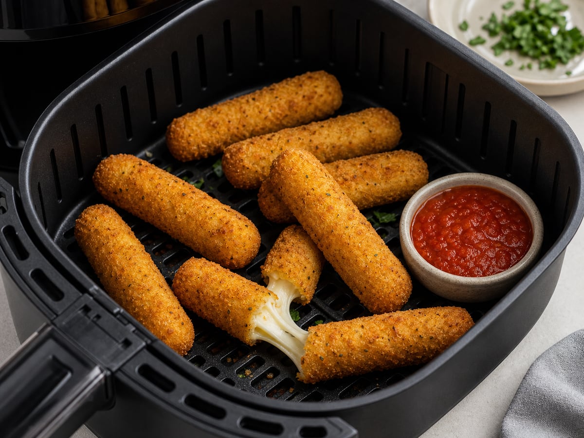 Air fryer basket with cooked frozen mozzarella sticks