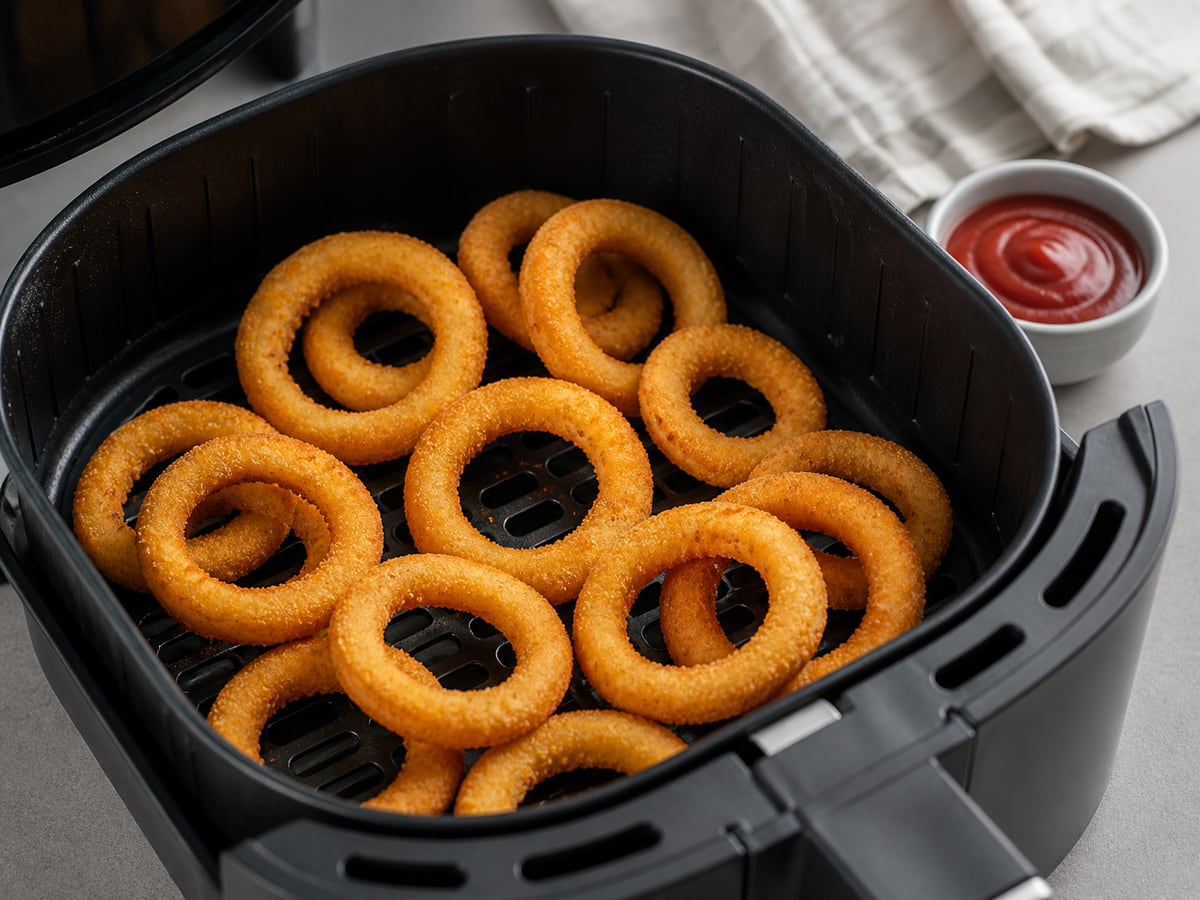 Air fryer basket with cooked frozen onion rings