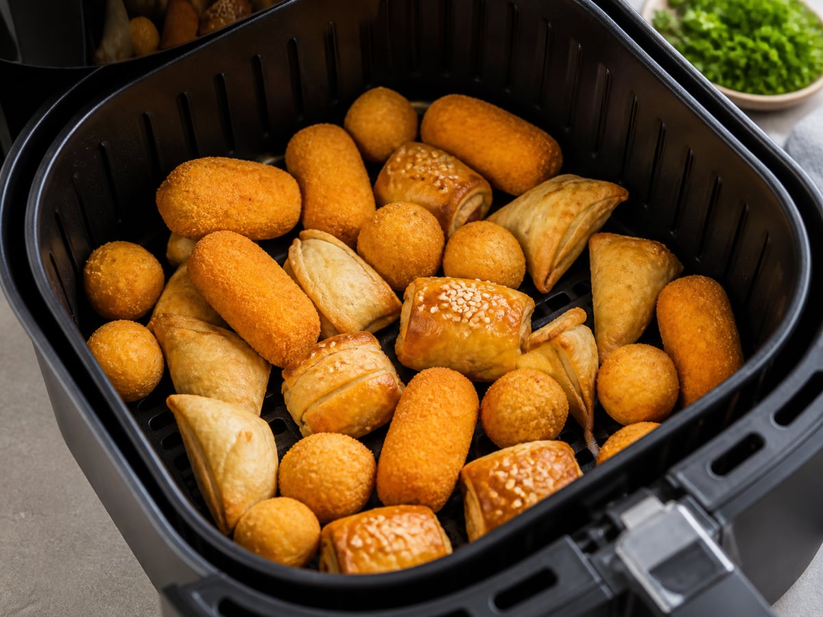 Cesto de air fryer com salgadinho congelado pronto para servir