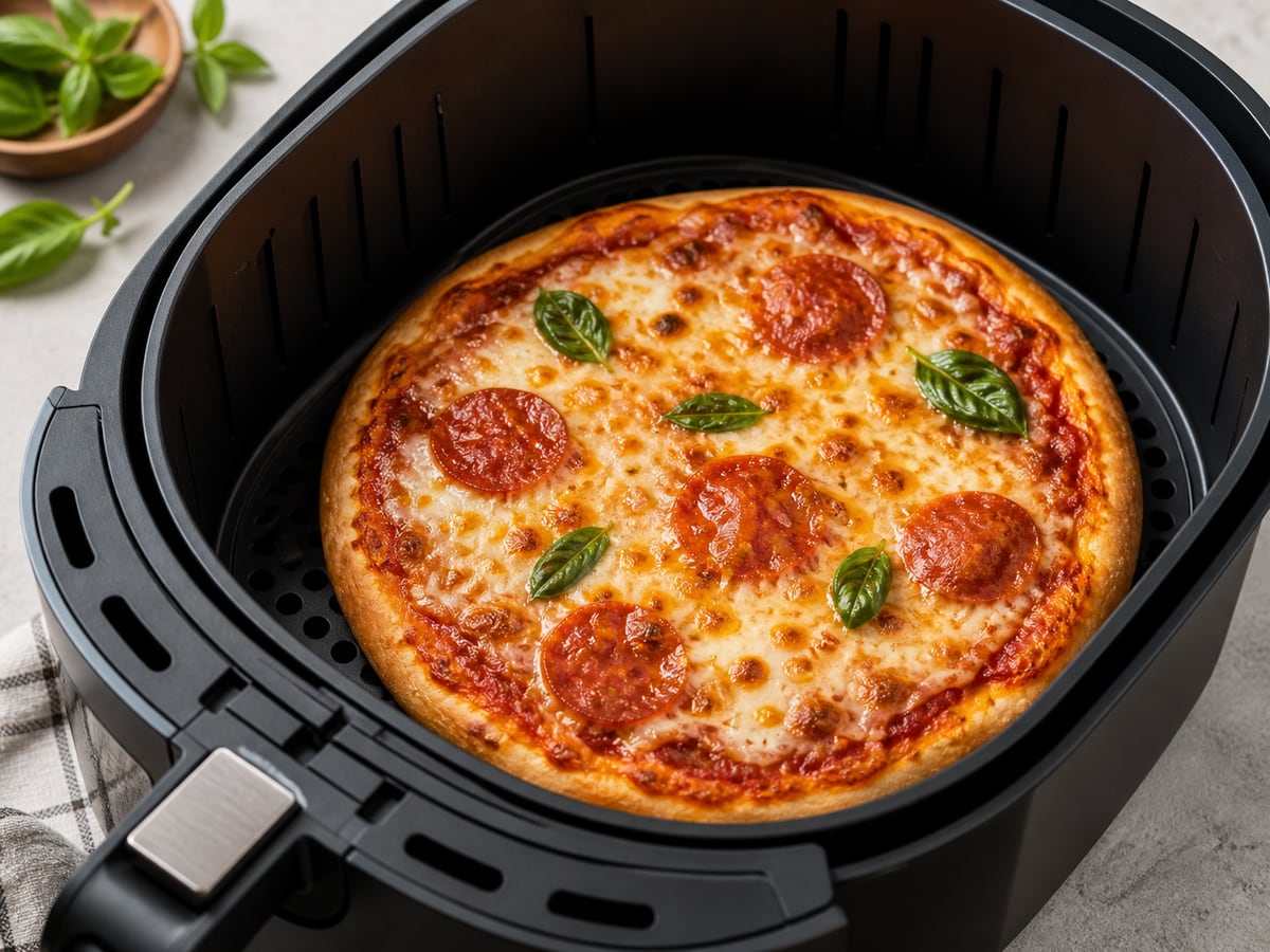 Cesto de air fryer com pizza pronto para servir