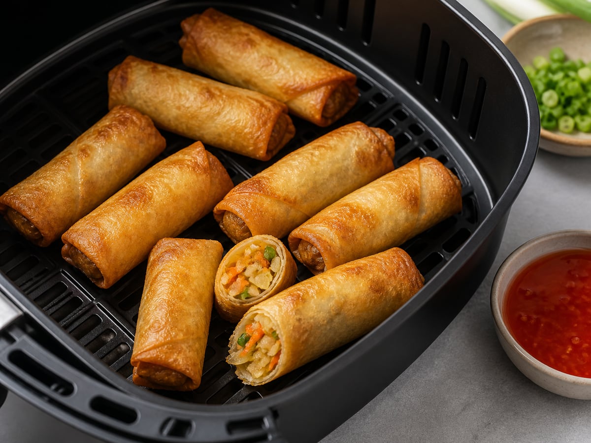 Air fryer basket with cooked frozen spring rolls