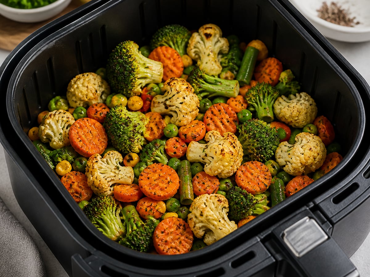 Air fryer basket with cooked frozen vegetables
