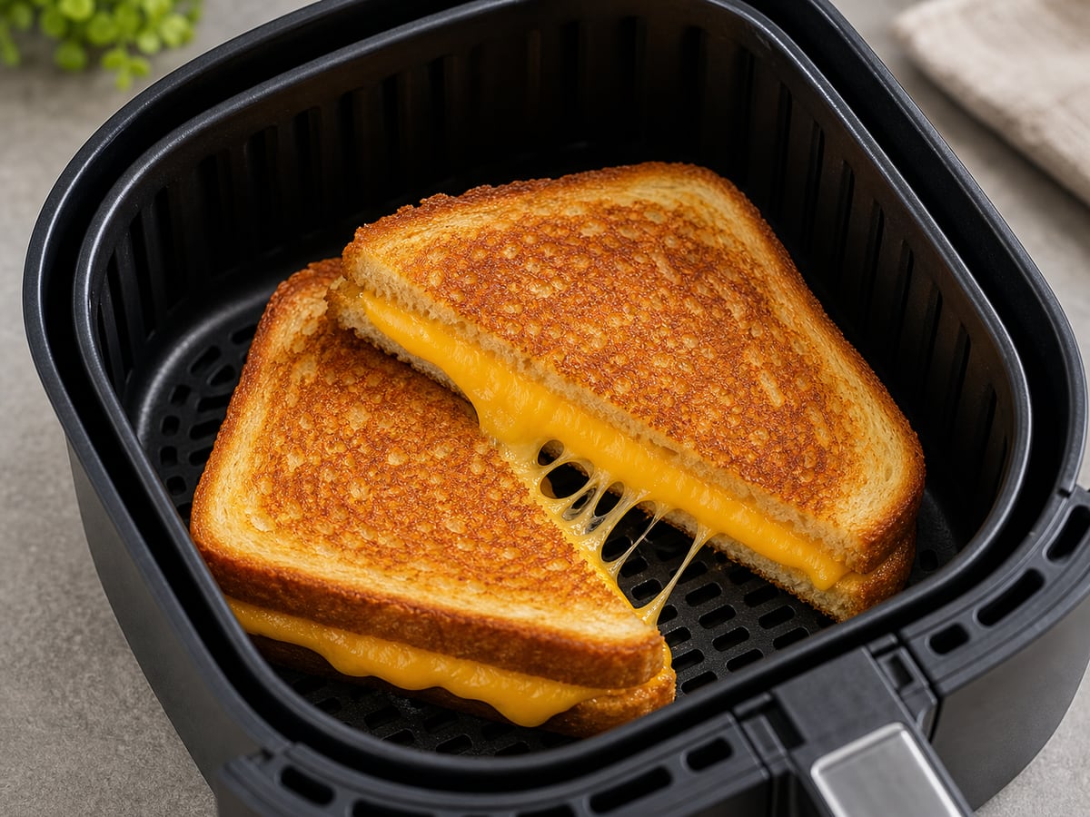 Air fryer basket with cooked grilled cheese