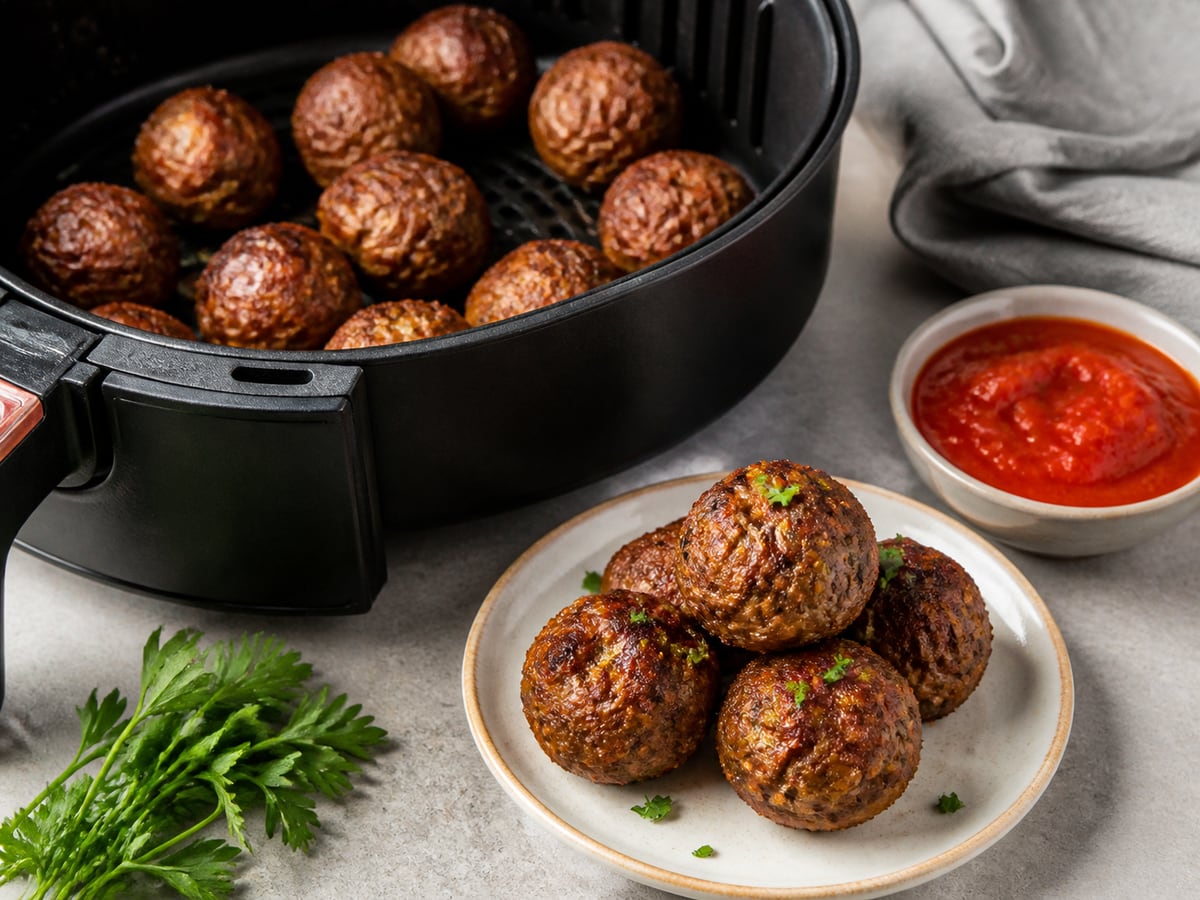 Air fryer basket with cooked meatballs