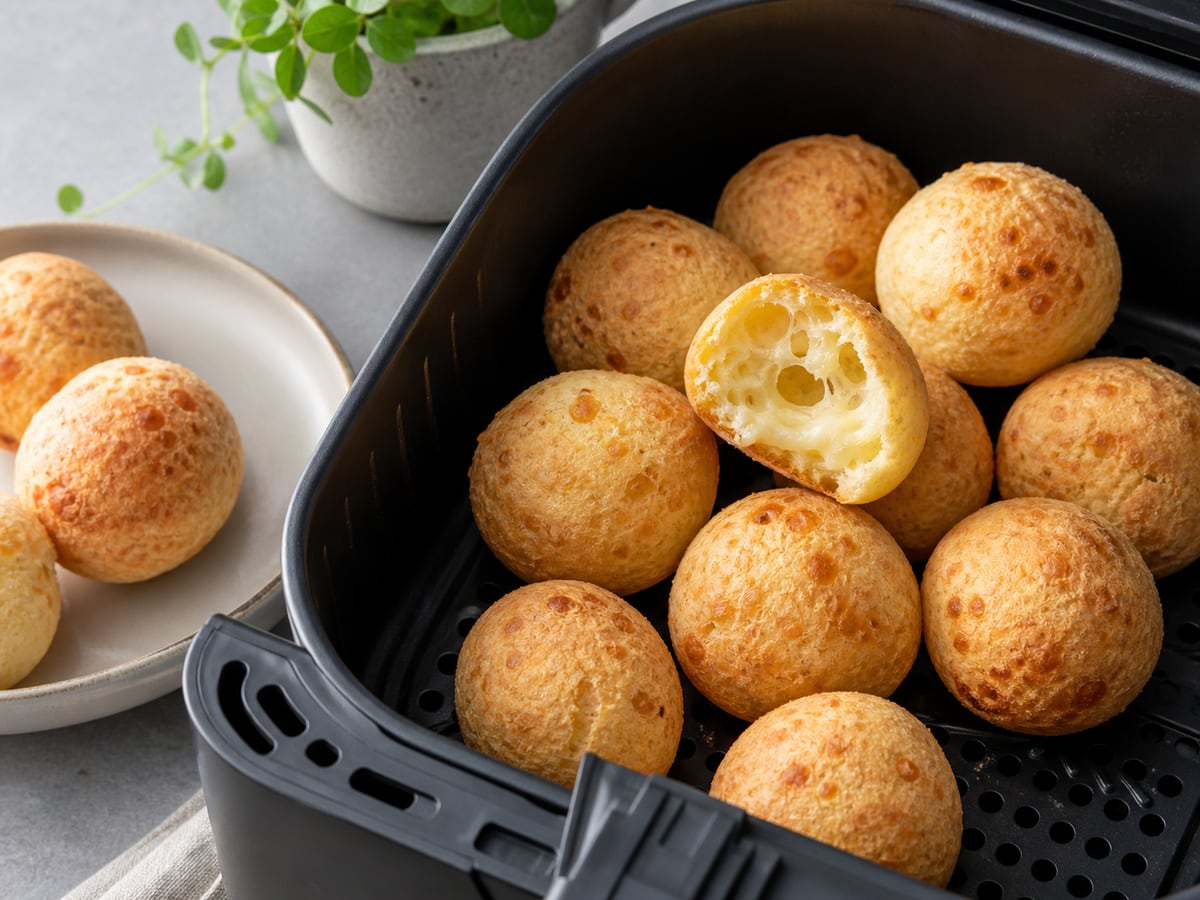 Cesto de air fryer com pão de queijo pronto para servir