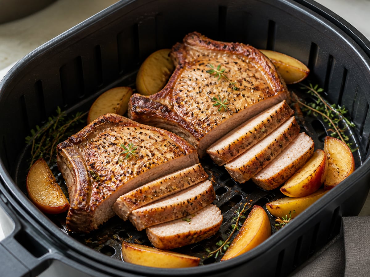 Air fryer basket with cooked pork chops