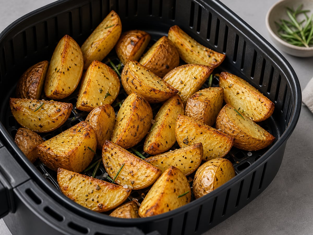 Air fryer basket with cooked potatoes