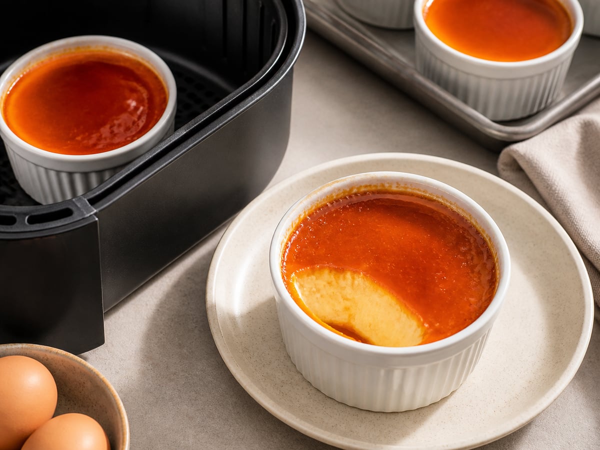 Cesto de air fryer com pudim pronto para servir