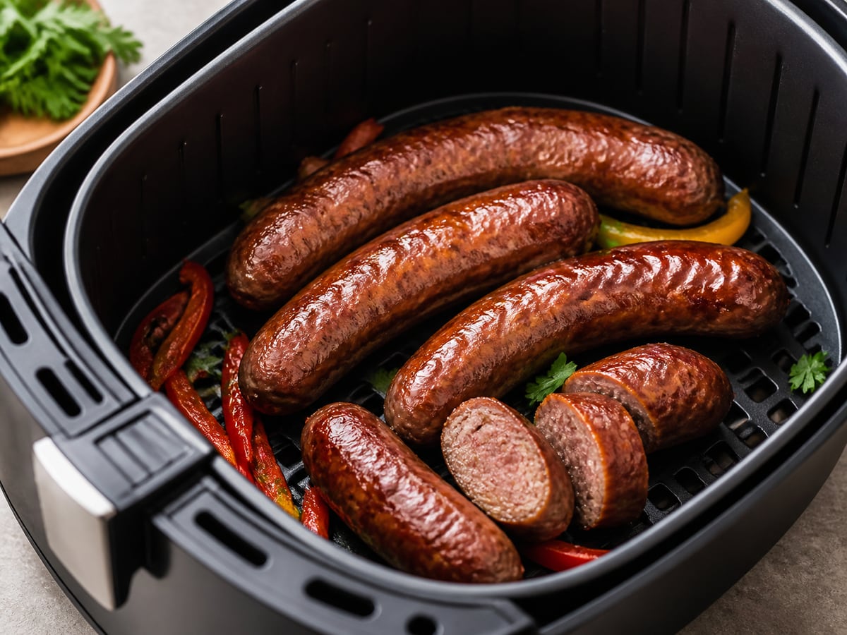 Cesto de air fryer com linguiça pronto para servir