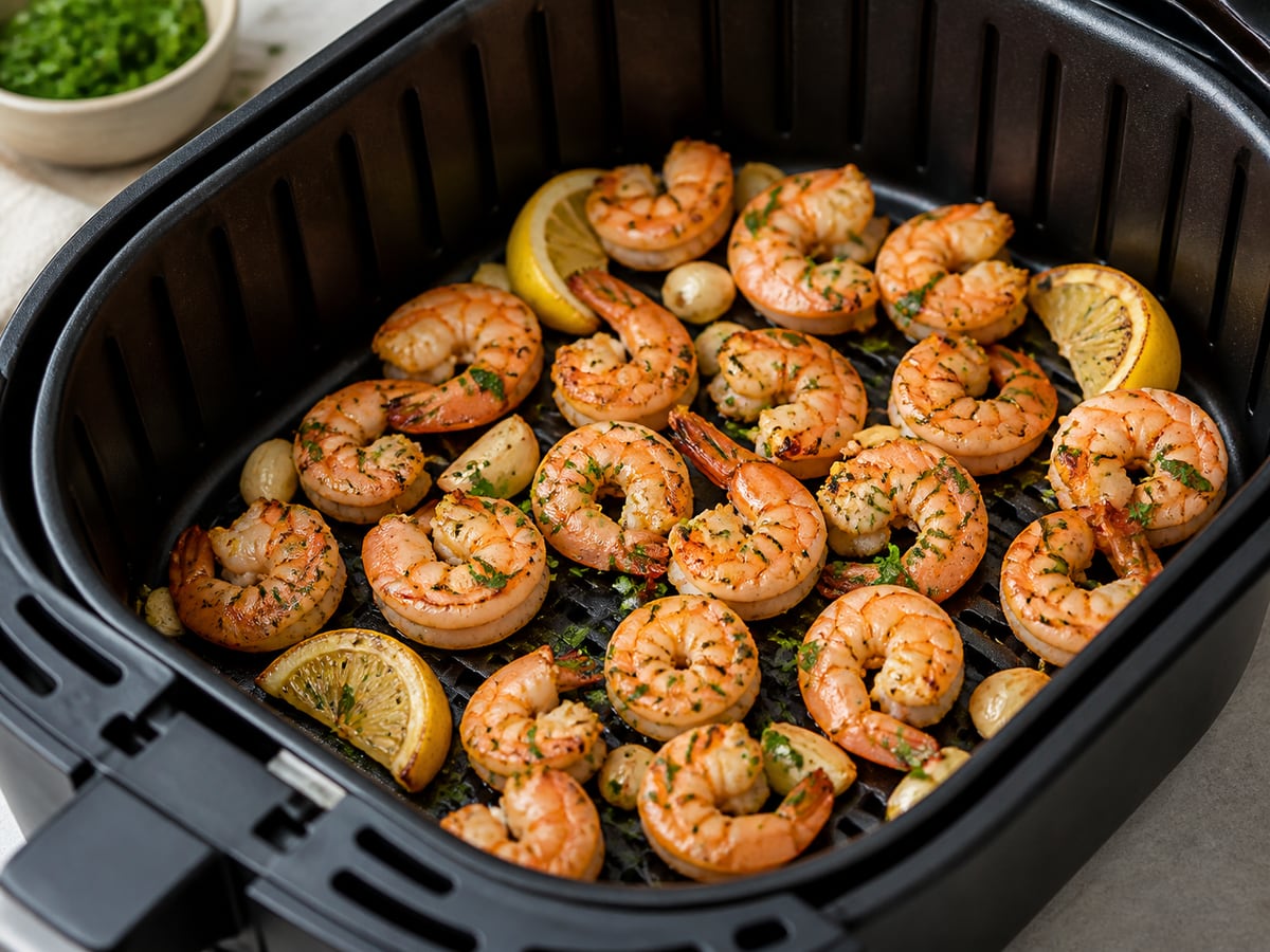 Air fryer basket with cooked shrimp
