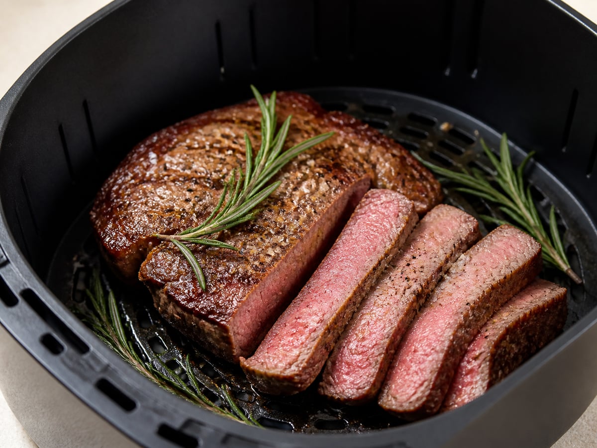 Air fryer basket with cooked steak