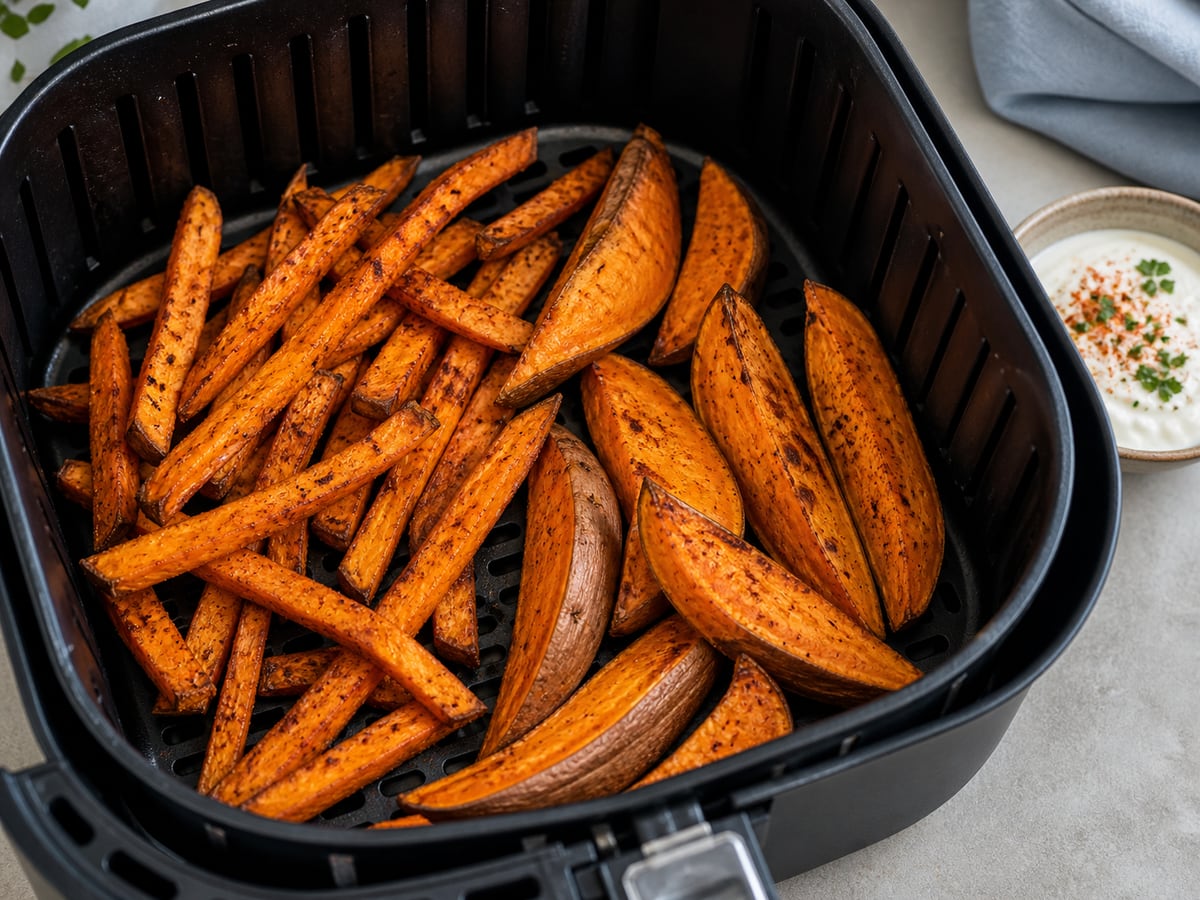 Cesto de air fryer com batata doce pronto para servir