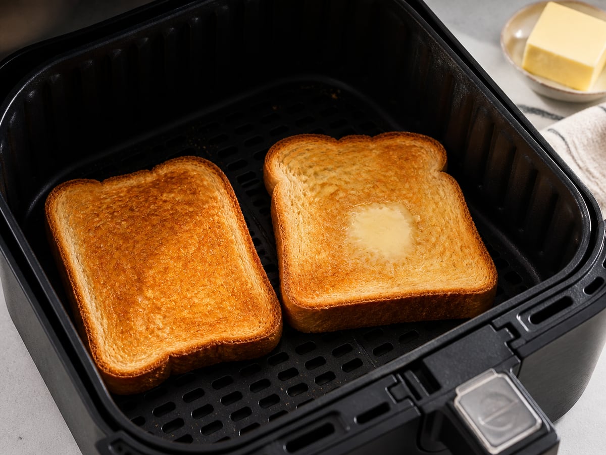 Air fryer basket with cooked toast