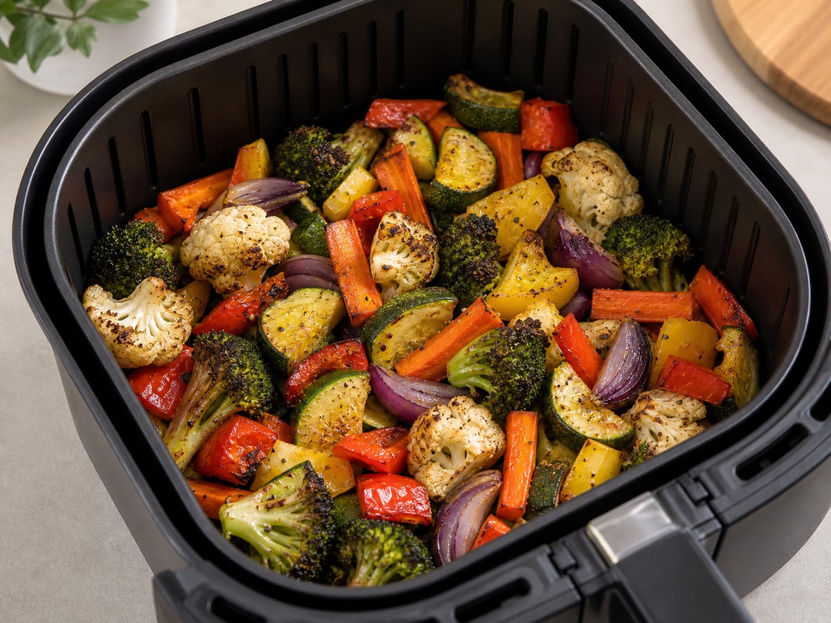 Cesto de air fryer com legumes pronto para servir