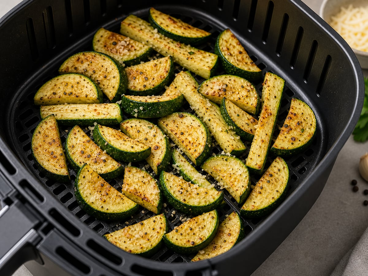 Air fryer basket with cooked zucchini